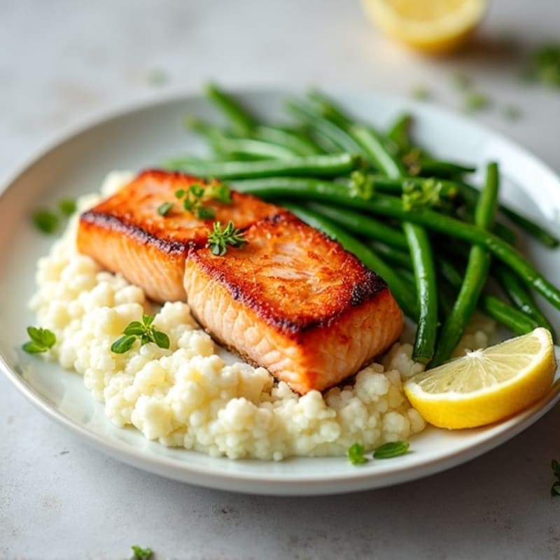 Seared Salmon with Steamed Green Beans and Garlic Cauliflower Mash