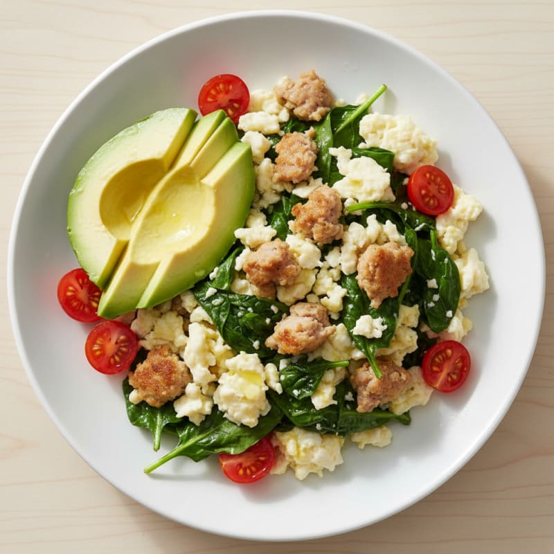 Egg White Scramble with Turkey Sausage and Sautéed Spinach