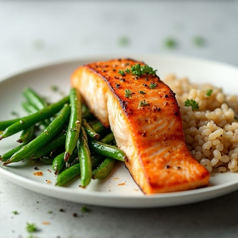 Pan-Seared Salmon with Garlic Green Beans and Wild Rice