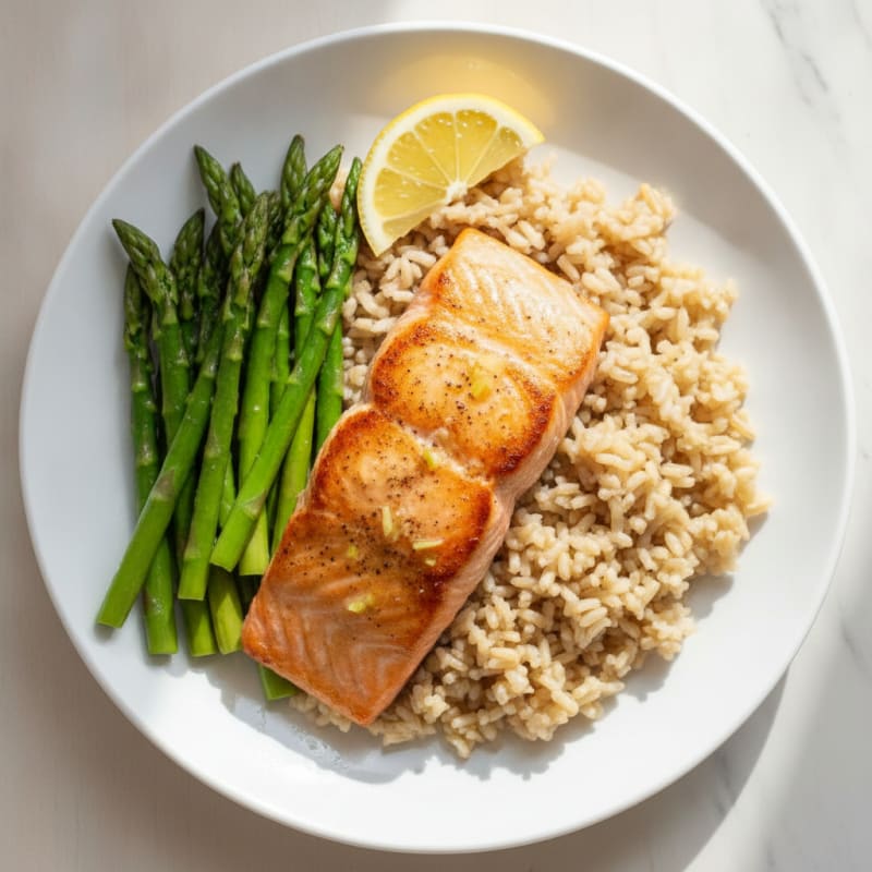 Seared Salmon Fillet with Steamed Asparagus and Brown Rice