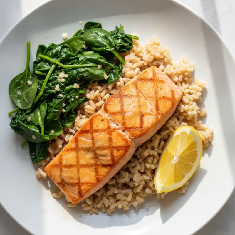 Seared Salmon with Garlic Spinach and Brown Rice