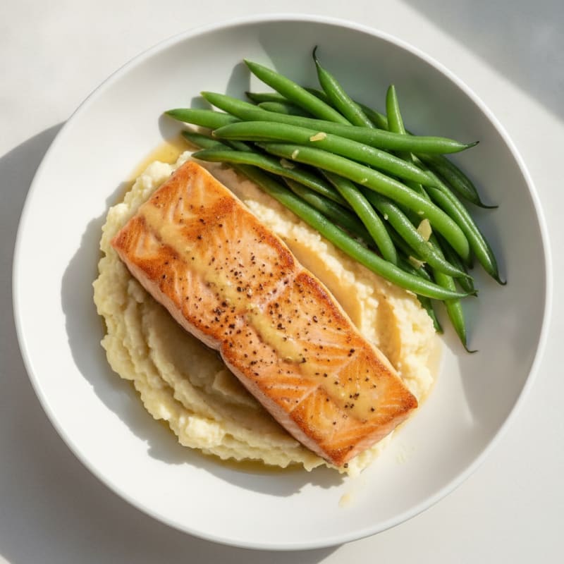 Seared Salmon Fillet with Steamed Green Beans and Cauliflower Mash