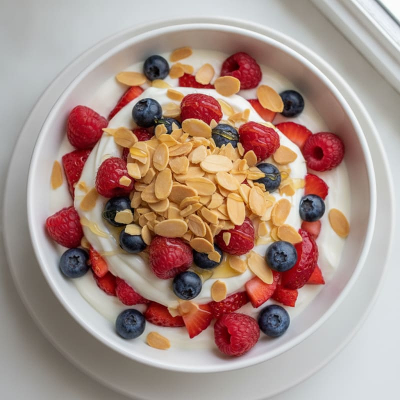 Greek Yogurt Protein Parfait with Mixed Berries and Almonds
