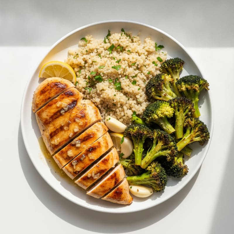 Grilled Lemon-Garlic Chicken Breast with Quinoa and Roasted Broccoli
