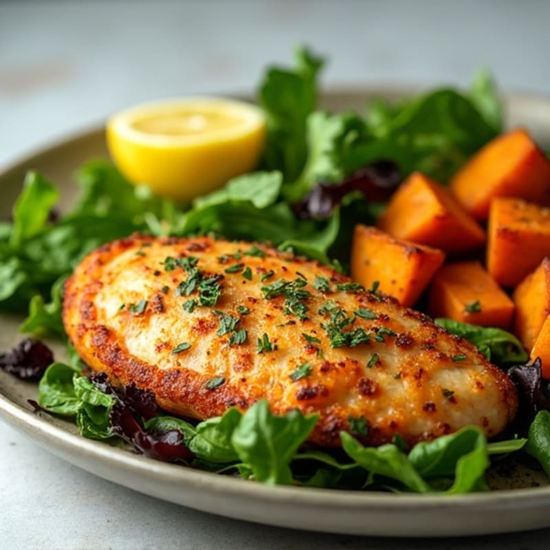 Crispy Lemon Herb Chicken with Roasted Sweet Potatoes and Fresh Greens