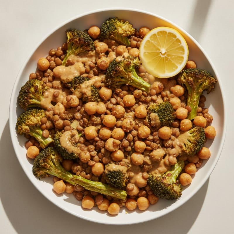 Chickpea and Lentil Power Bowl with Roasted Broccoli