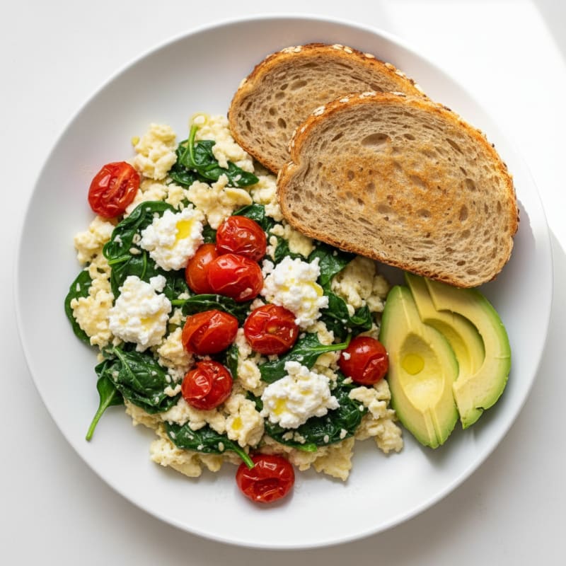 Egg White Spinach Scramble with Cottage Cheese and Cherry Tomatoes