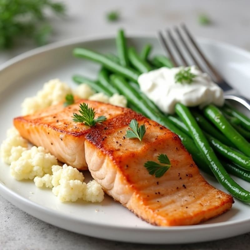 Seared Salmon Fillet with Steamed Green Beans and Cauliflower Mash