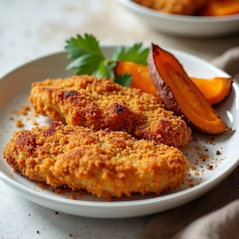 Crispy Baked Chicken Strips with Roasted Sweet Potato Wedges