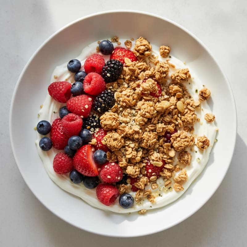 Silky Greek Yogurt Bowl with Protein Granola and Mixed Berries