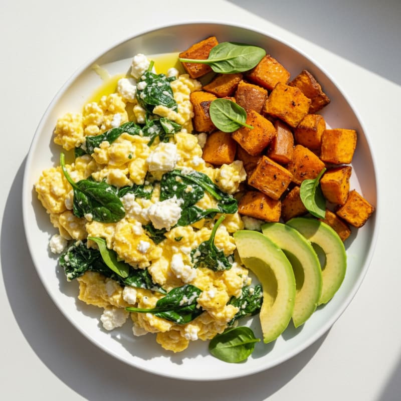Cottage Cheese Scramble with Sautéed Spinach and Roasted Sweet Potatoes