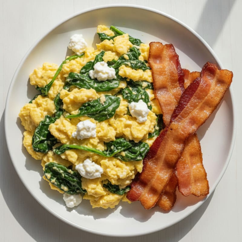 Cottage Cheese Egg Scramble with Spinach and Turkey Bacon