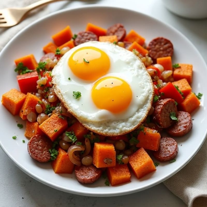Crispy Sweet Potato Hash with Lean Turkey Sausage and Fried Eggs