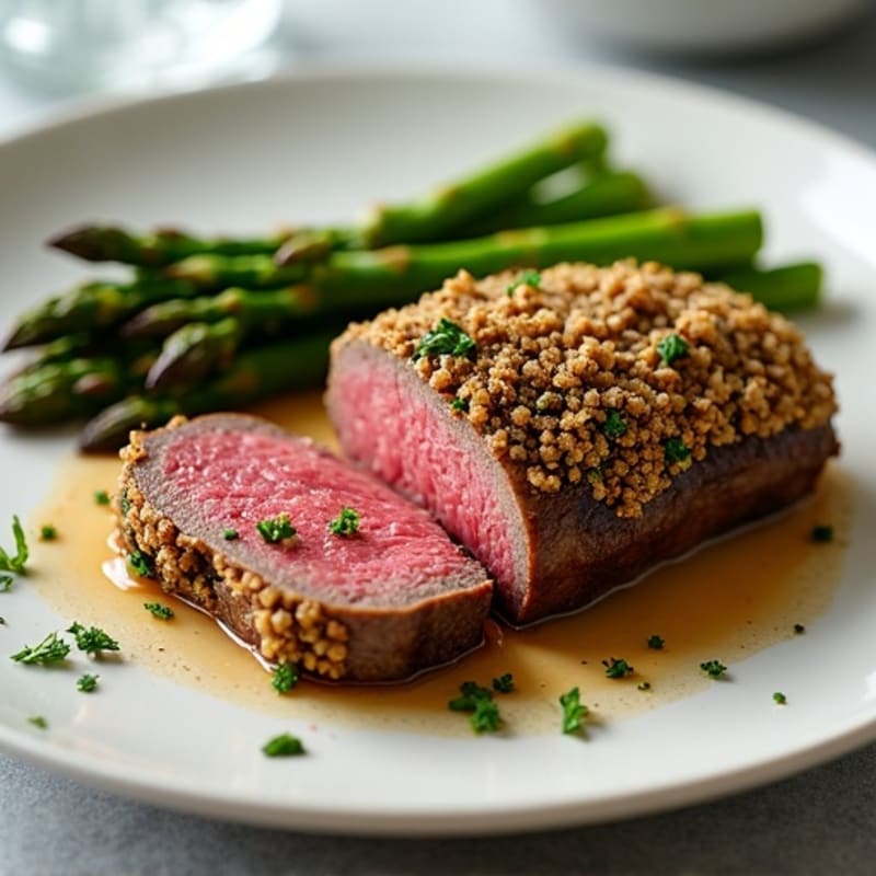 Mushroom-Crusted Beef Tenderloin with Roasted Asparagus