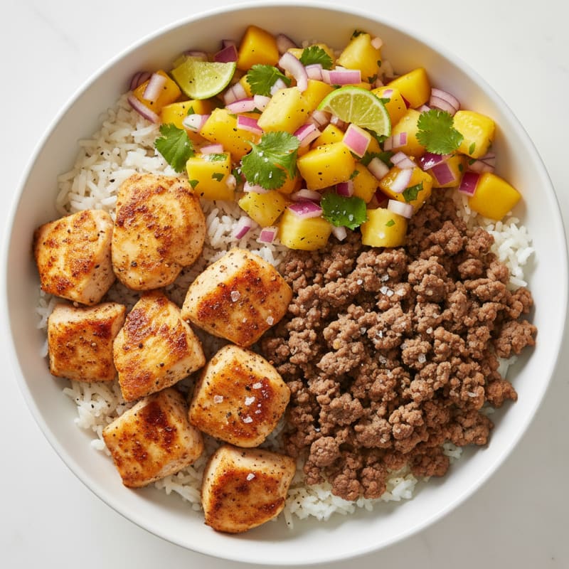 Chicken and Beef Rice Bowl with Tropical Salsa