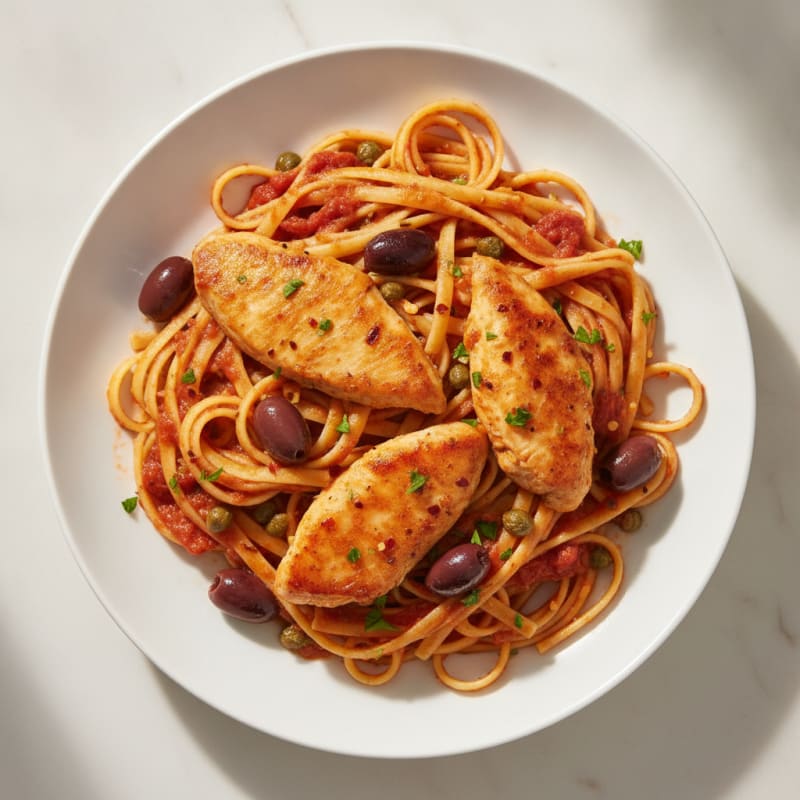 Chicken Puttanesca with Linguine