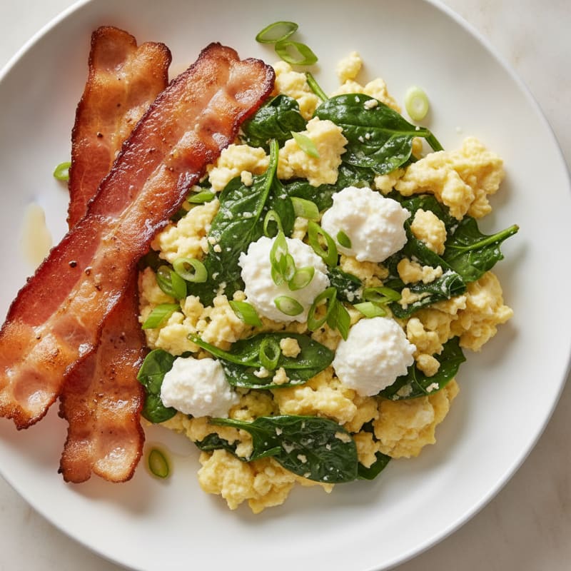 Cottage Cheese Scramble with Spinach and Turkey Bacon