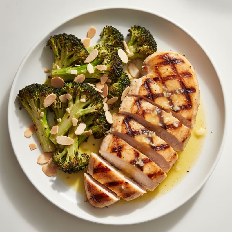 Grilled Chicken Breast with Roasted Broccoli and Almonds