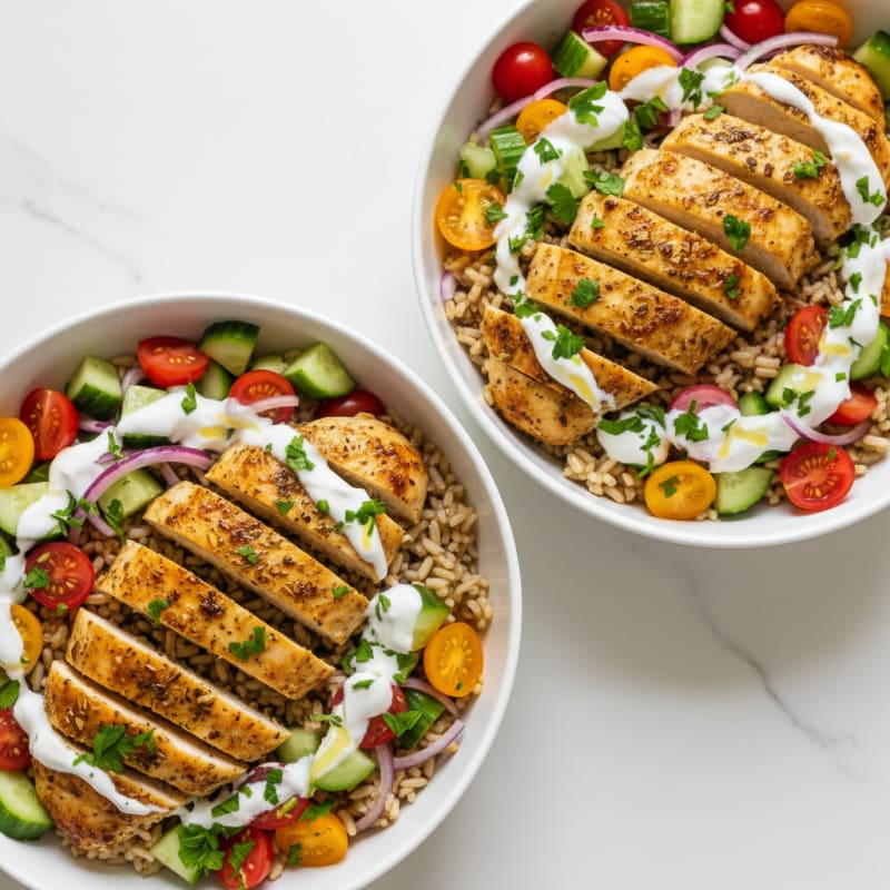 Crispy Lemon-Herb Chicken Shawarma Bowls