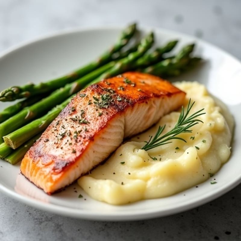 Seared Salmon with Steamed Asparagus and Garlic Mashed Potatoes