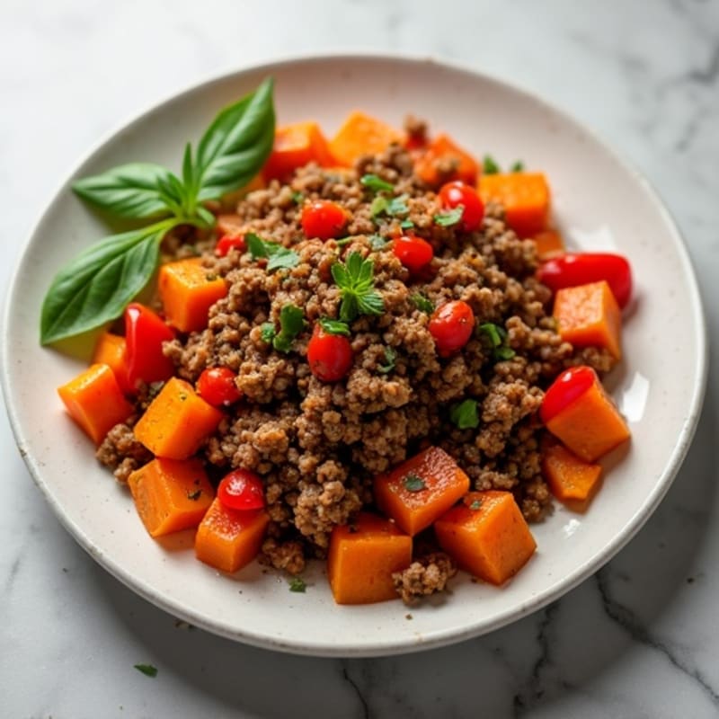 Spiced Ground Beef and Roasted Sweet Potato Hash