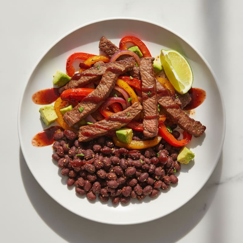 Seared Beef Strips with Roasted Peppers and Spiced Black Beans