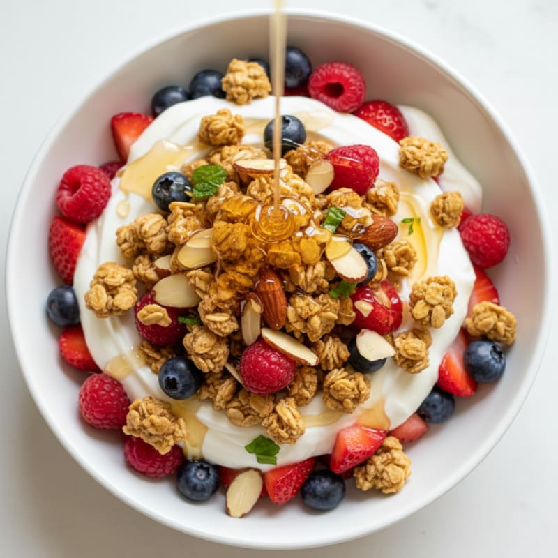 Greek Yogurt Parfait with Crunchy Almond Granola and Mixed Berries