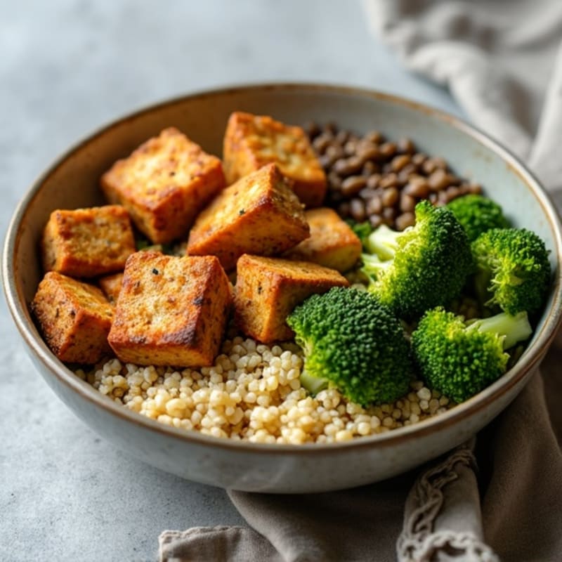 Crispy Tofu and Lentil Power Bowl with Roasted Broccoli