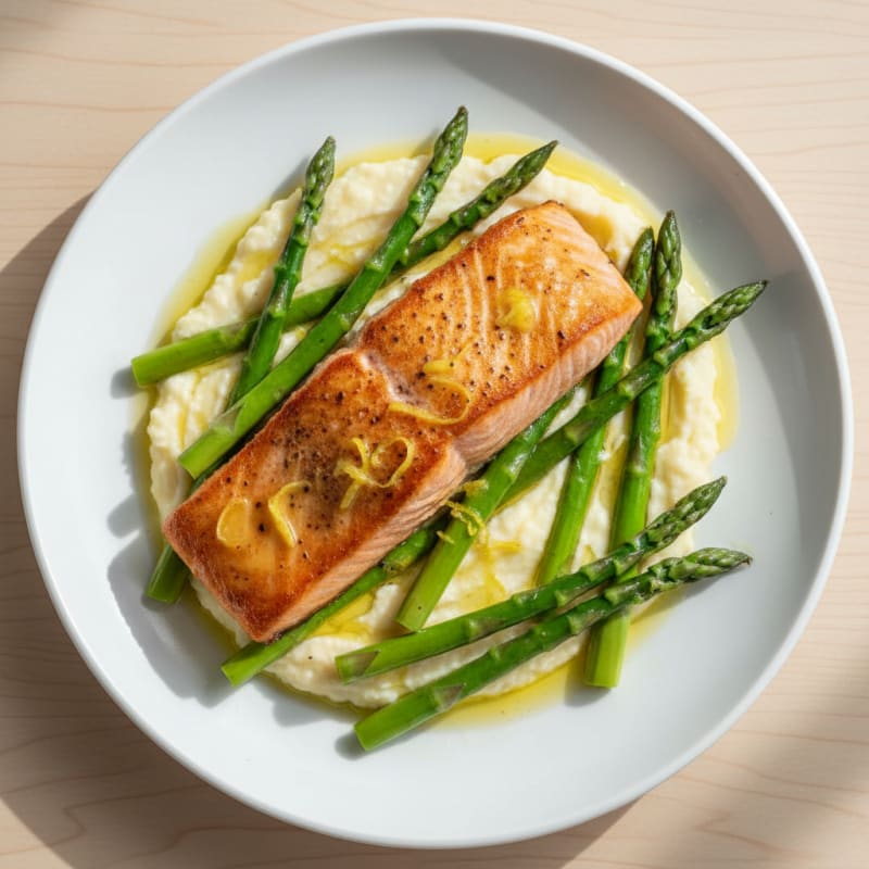 Seared Salmon with Steamed Asparagus and Cauliflower Mash