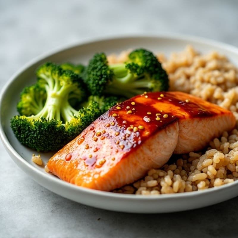 Teriyaki Glazed Salmon with Roasted Broccoli and Brown Rice