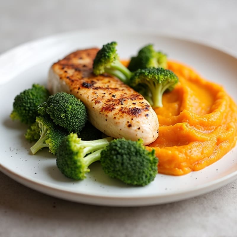 Seared Chicken Breast with Roasted Broccoli and Sweet Potato Mash