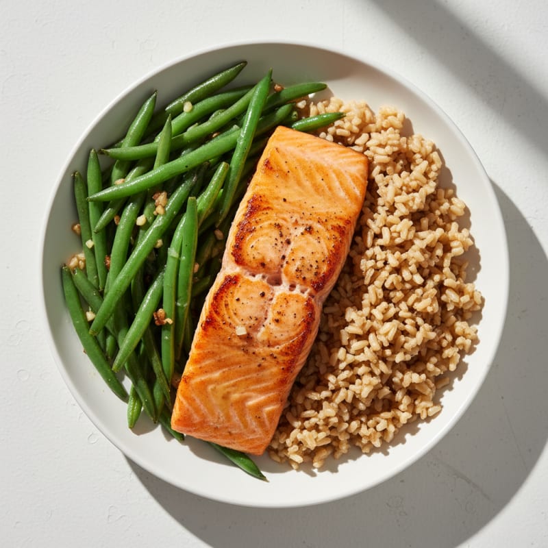 Seared Salmon with Garlic Green Beans and Brown Rice
