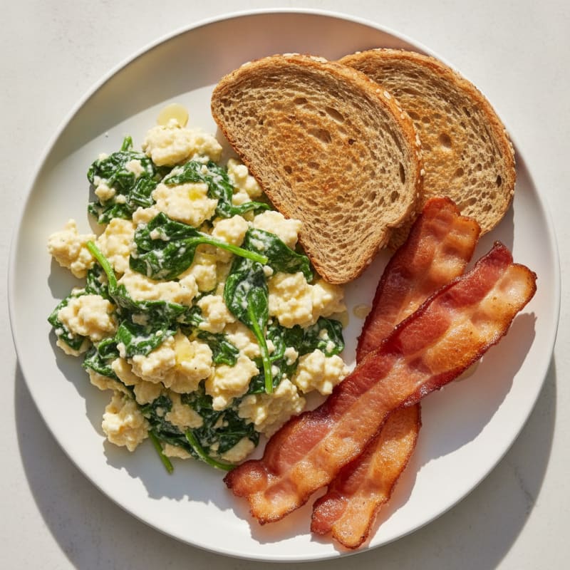 Cottage Cheese Egg Scramble with Spinach and Turkey Bacon