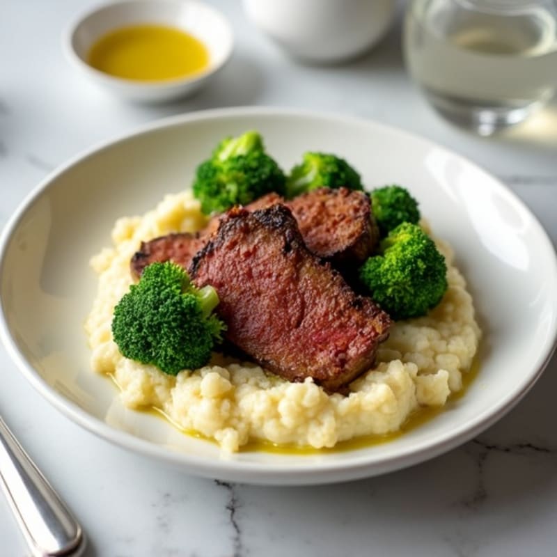 Seared Lean Beef Strips with Steamed Broccoli and Cauliflower Mash