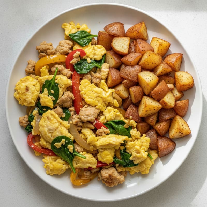 Scrambled Eggs with Chicken and Roasted Potatoes
