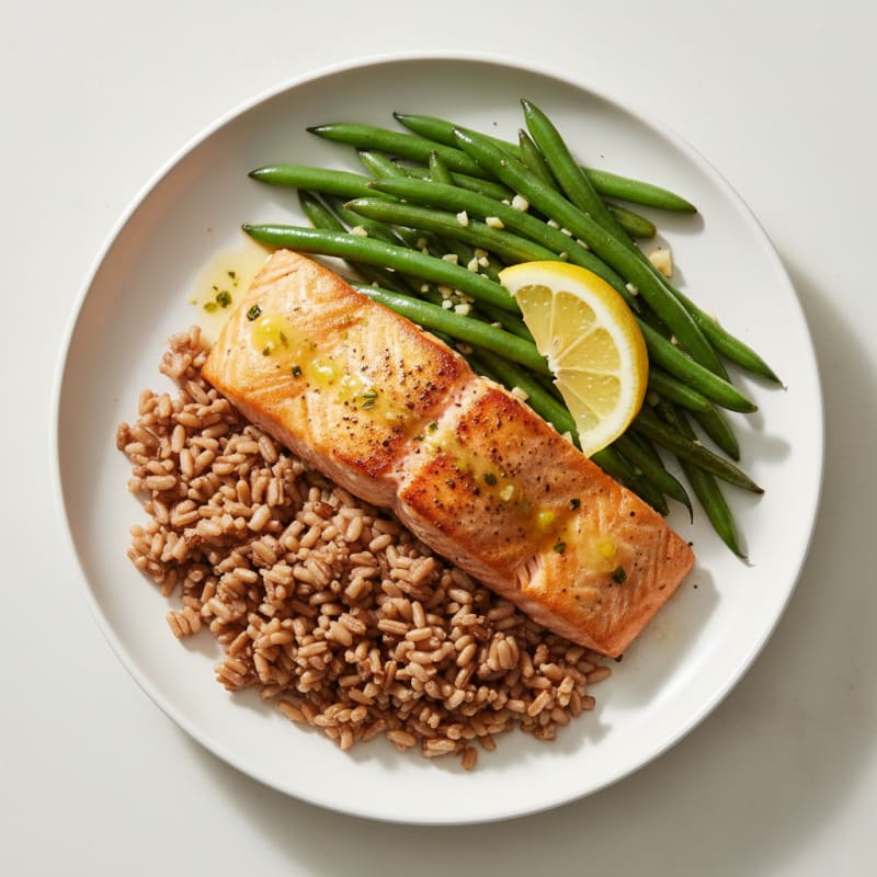 Seared Salmon with Garlic Green Beans and Brown Rice