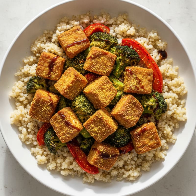 Crispy Tempeh Power Bowl with Quinoa and Roasted Vegetables