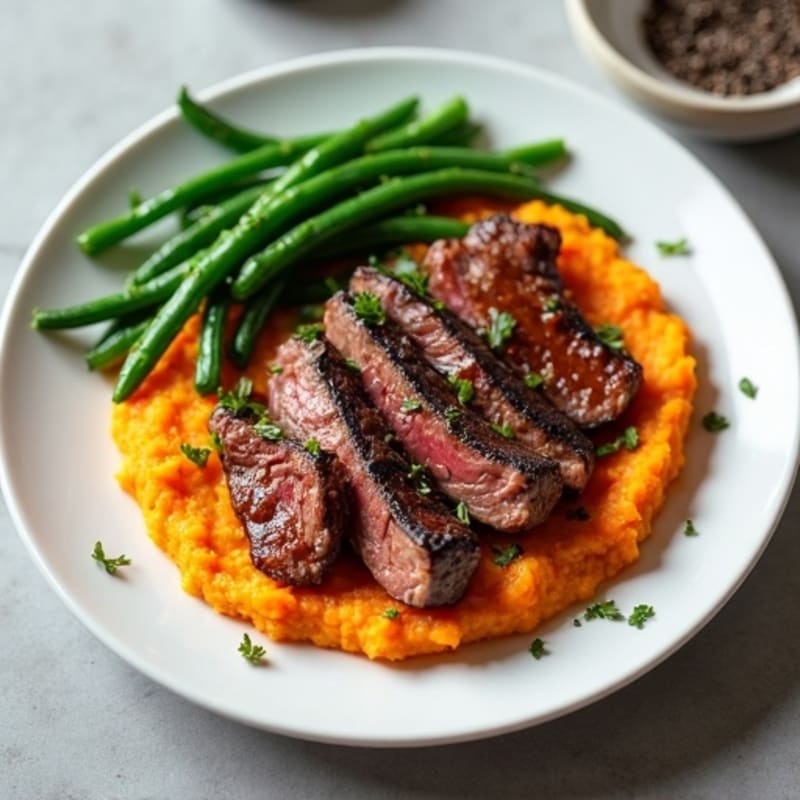 Seared Lean Beef Strips with Steamed Green Beans and Sweet Potato Mash