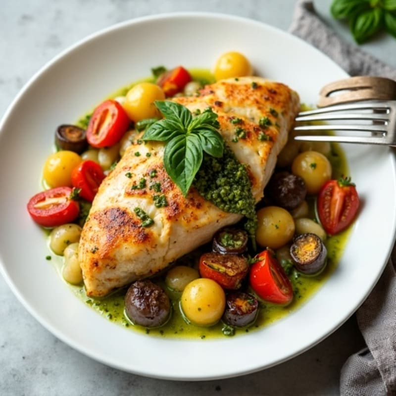 Sheet Pan Chicken and Roasted Vegetable Gnocchi with Bright Basil Pesto