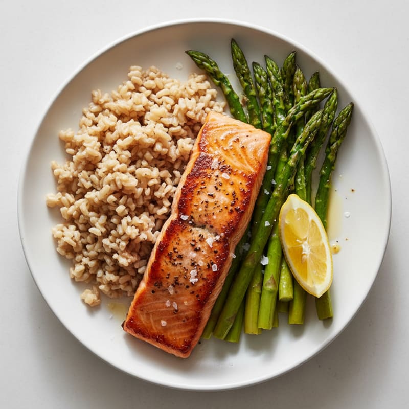 Seared Salmon with Steamed Asparagus and Brown Rice