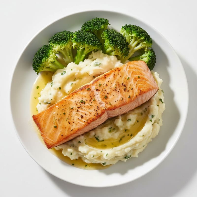 Seared Salmon with Garlic Mashed Potatoes and Steamed Broccoli