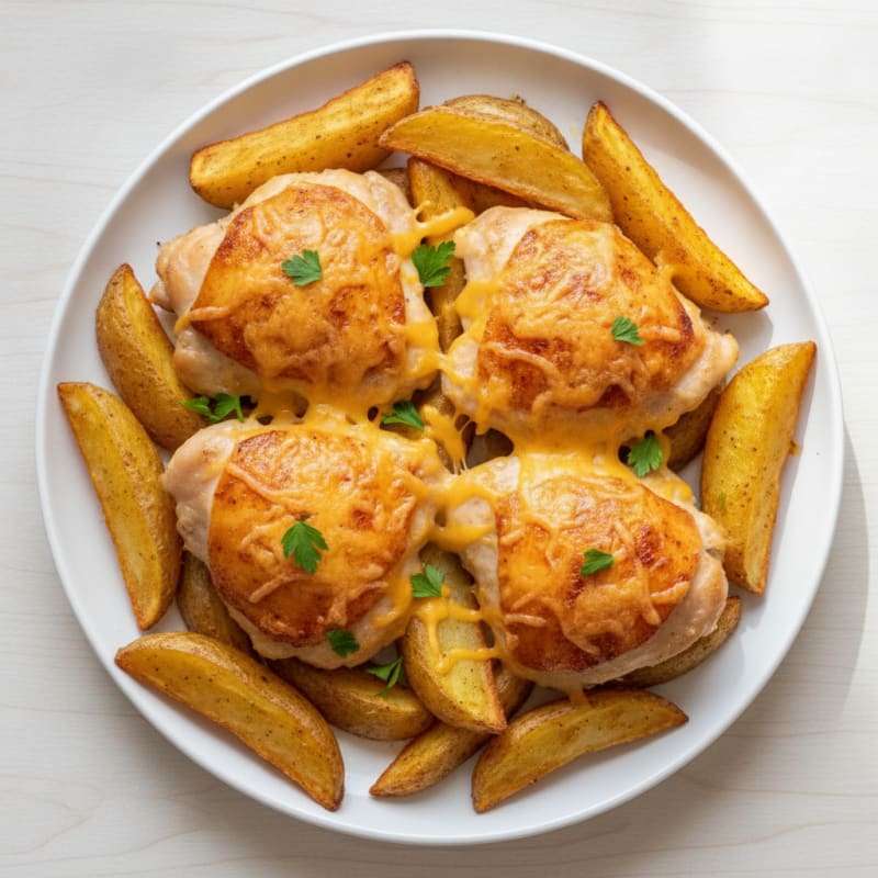 Oven-Baked Chicken Thighs with Crispy Potato Wedges and Melted Cheese