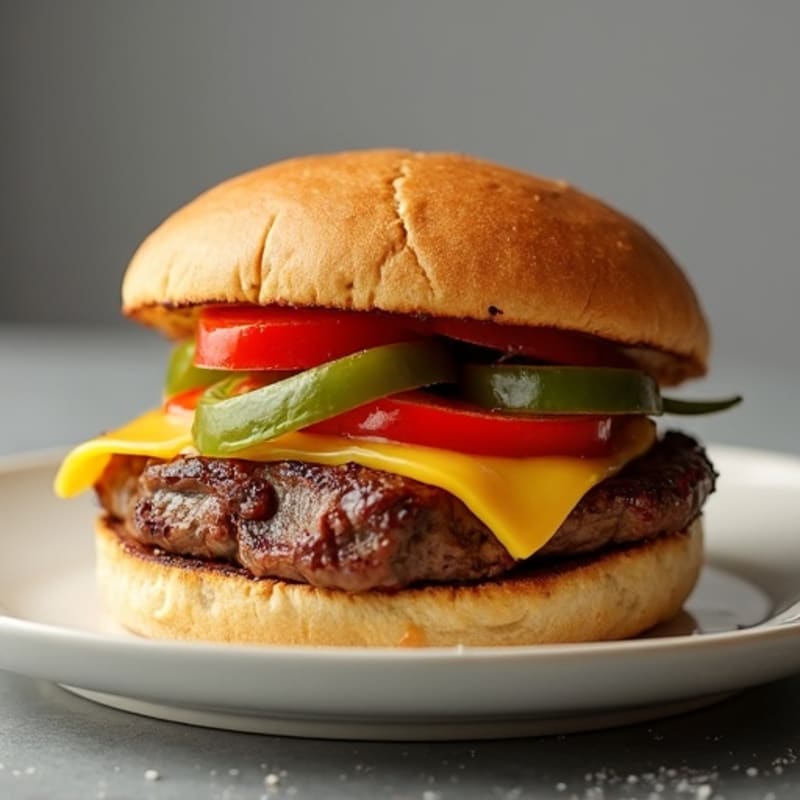 Lean Sirloin Steak Sandwich with Sautéed Peppers, Onions, and Melted Provolone