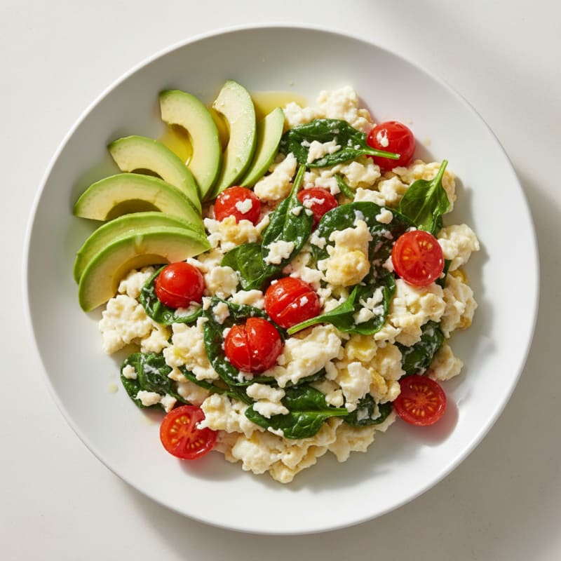 Egg White Spinach Scramble with Cherry Tomatoes