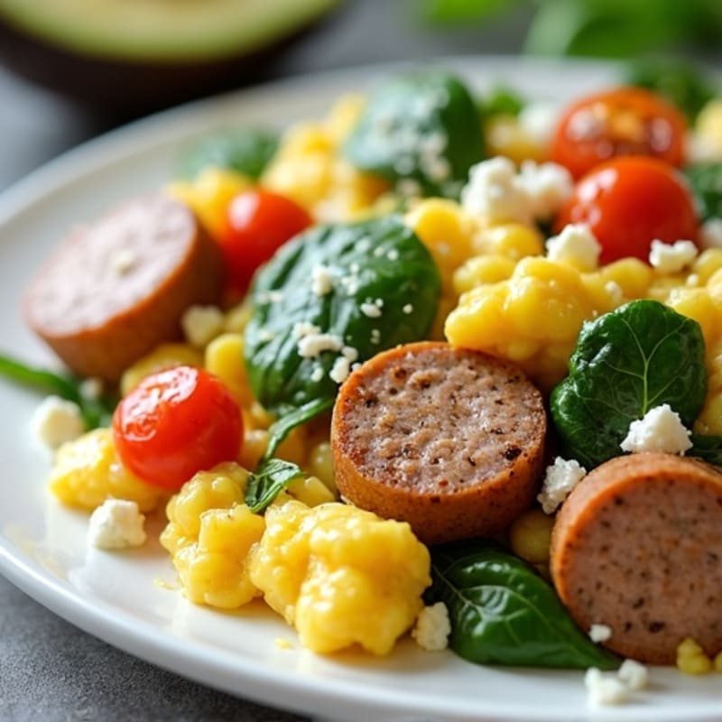 Egg White and Turkey Sausage Scramble with Spinach and Tomatoes