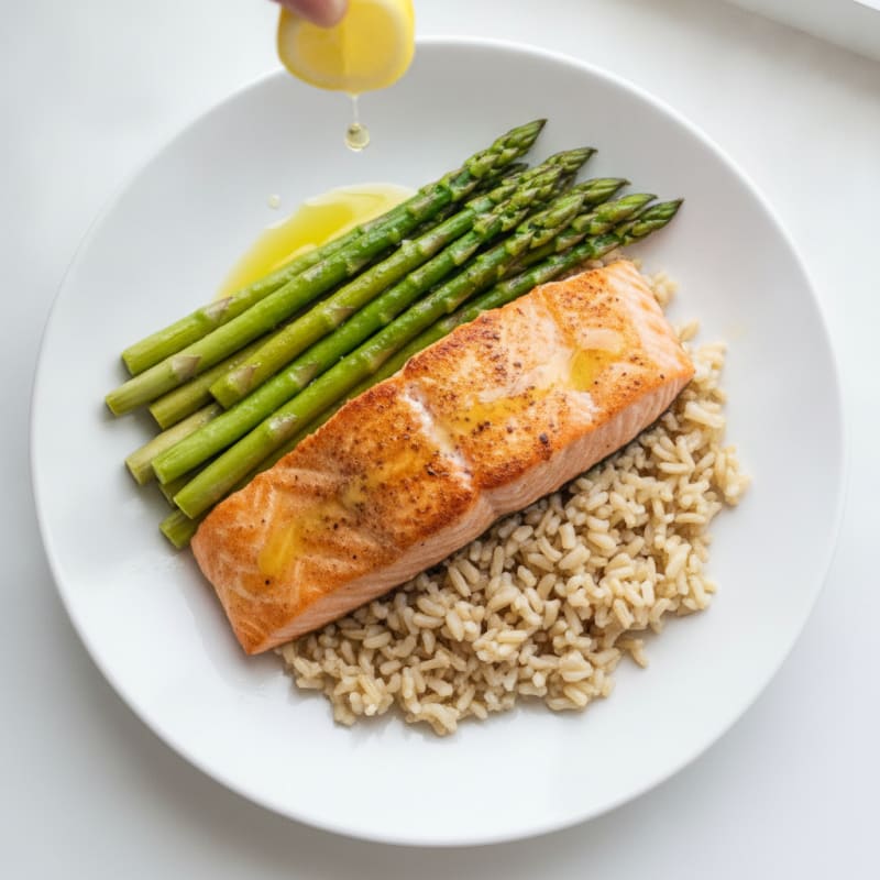Seared Salmon with Steamed Asparagus and Brown Rice