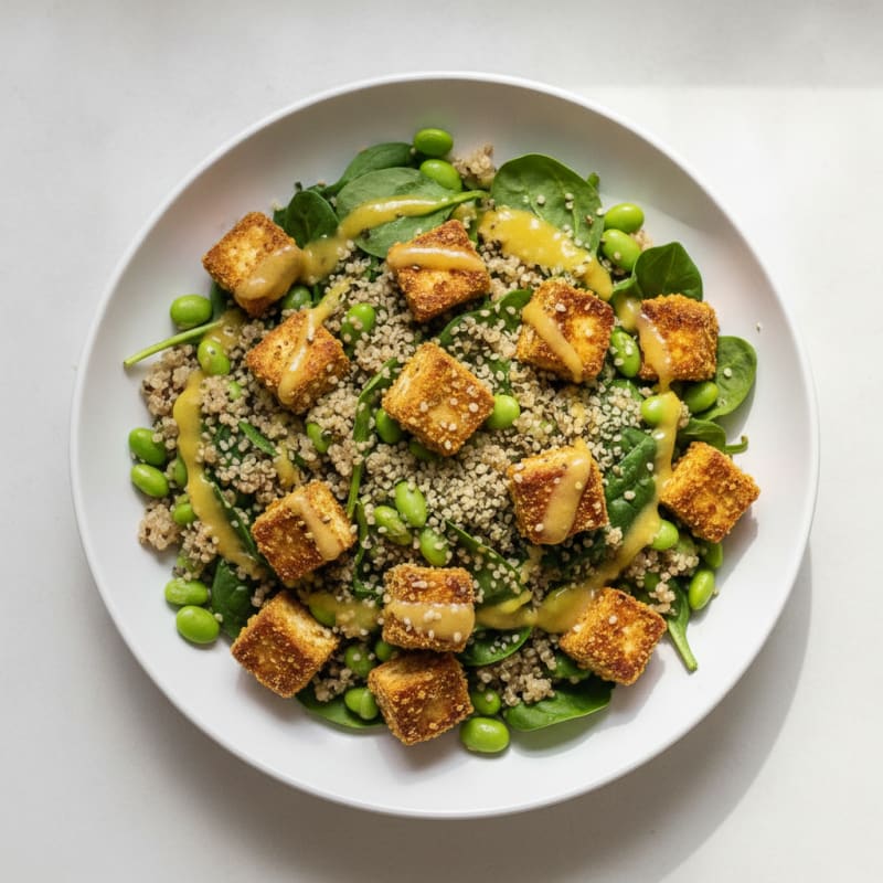 Crispy Tofu and Quinoa Power Salad with Edamame