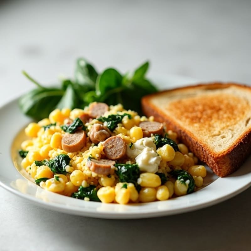 Egg White and Turkey Sausage Scramble with Cottage Cheese and Spinach
