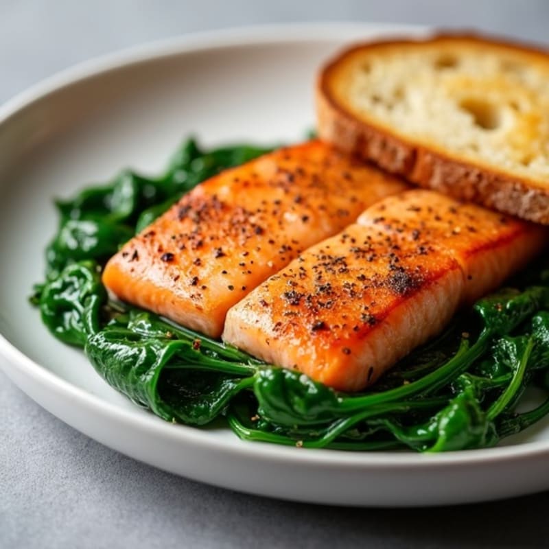 Seared Salmon with Garlic Spinach and Toasted Sourdough