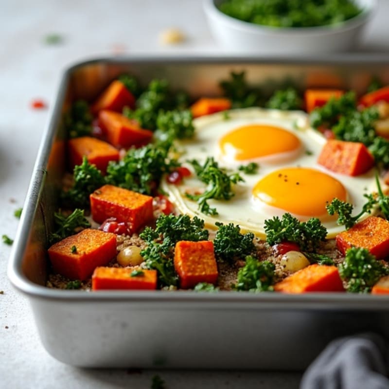 Sheet Pan Roasted Sweet Potato and Kale Egg Bake